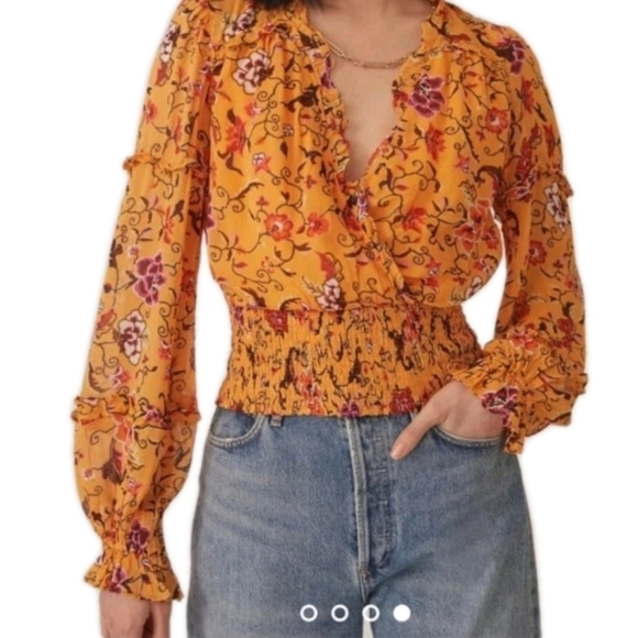 Anthropologie Tops - Anthropologie Floral Surplice Neck Blouse Ruffles Size Medium Yellow Red Cropped